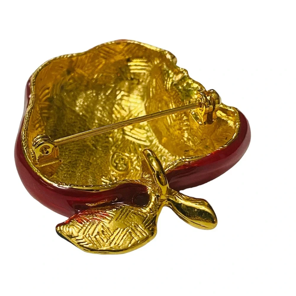 Vintage Brooch Shiny Apple Red Enamel Gold Tone Rhinestone Premier Designs